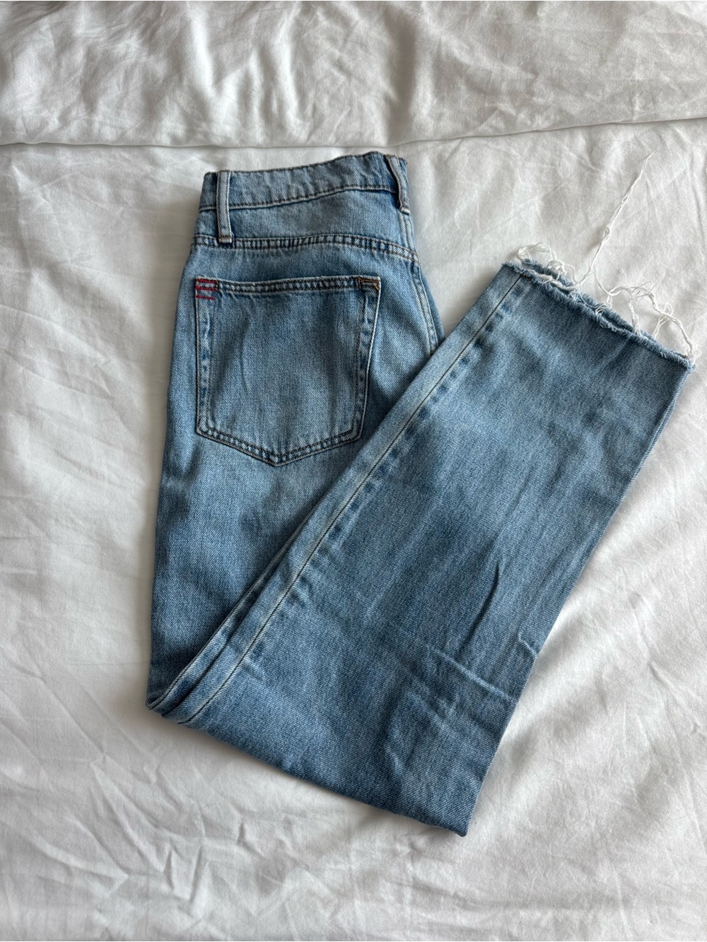 BDG Light Blue High-Rise Straight Jeans with Frayed Hem